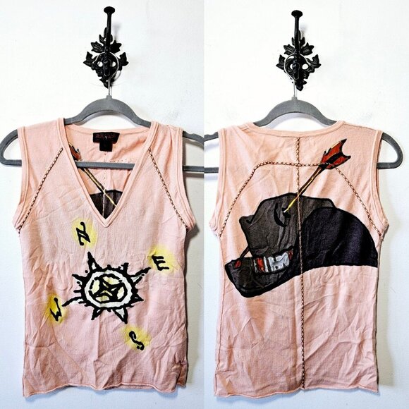 Vintage Raw 7 Cashmere Sweater Tank L Womens Y2K Pink Cowboy Hat Western - Picture 2 of 5